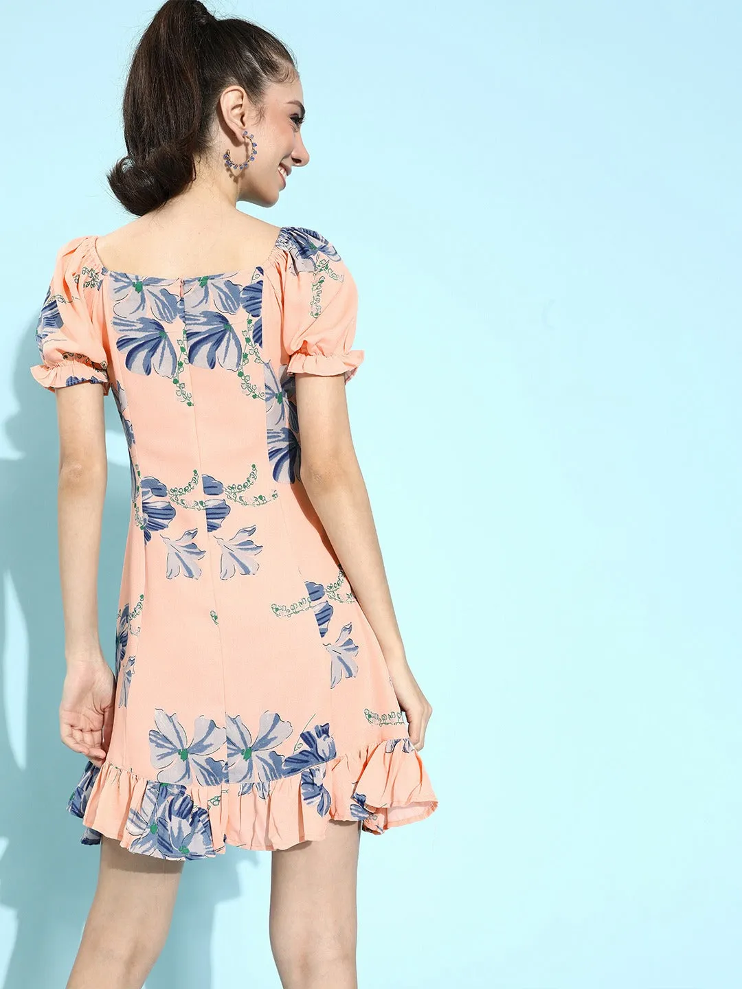 Berrylush Women Pink & Blue Floral Printed Tie-Up Neck Ruffled A-Line Mini Dress