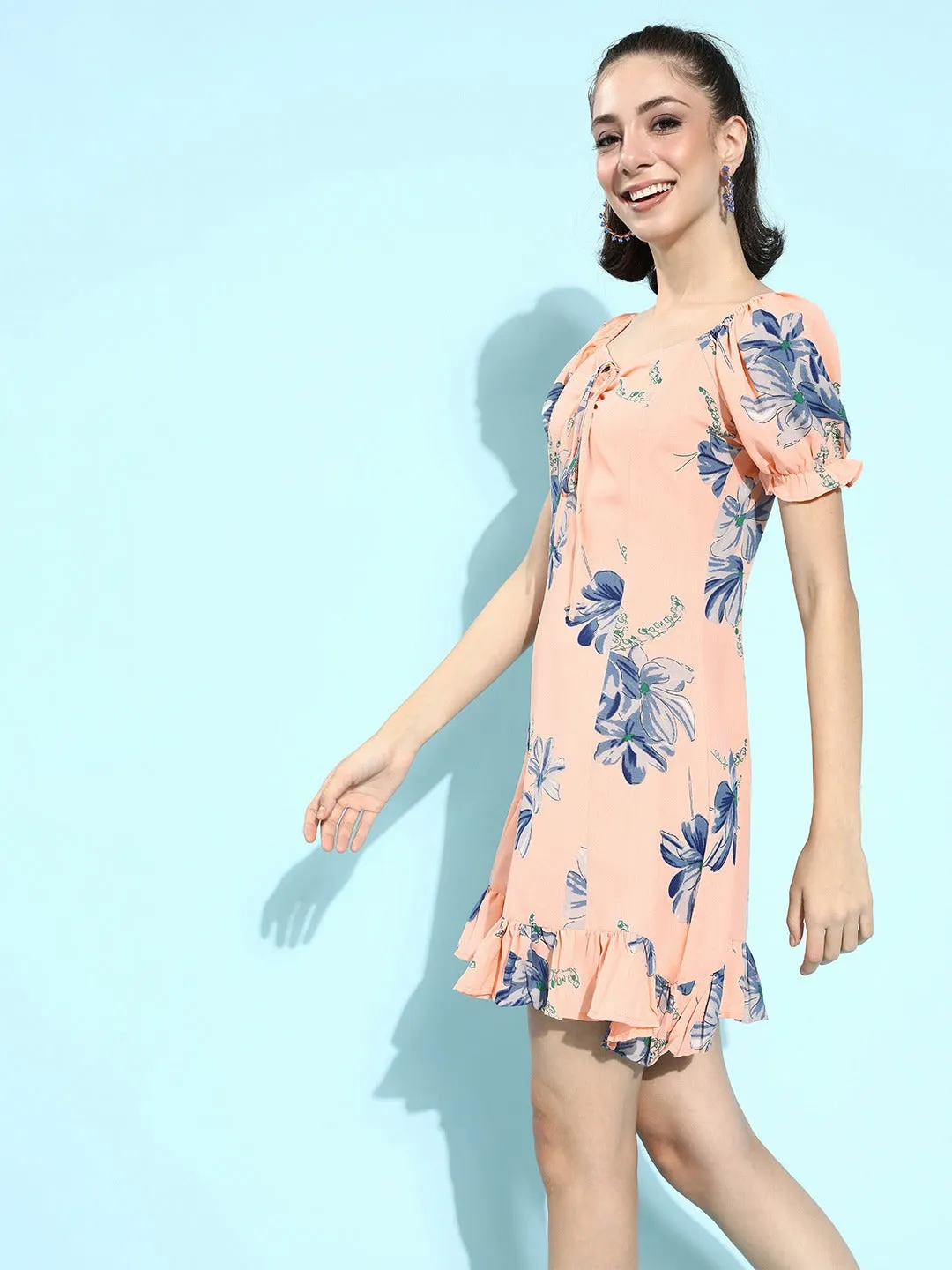 Berrylush Women Pink & Blue Floral Printed Tie-Up Neck Ruffled A-Line Mini Dress