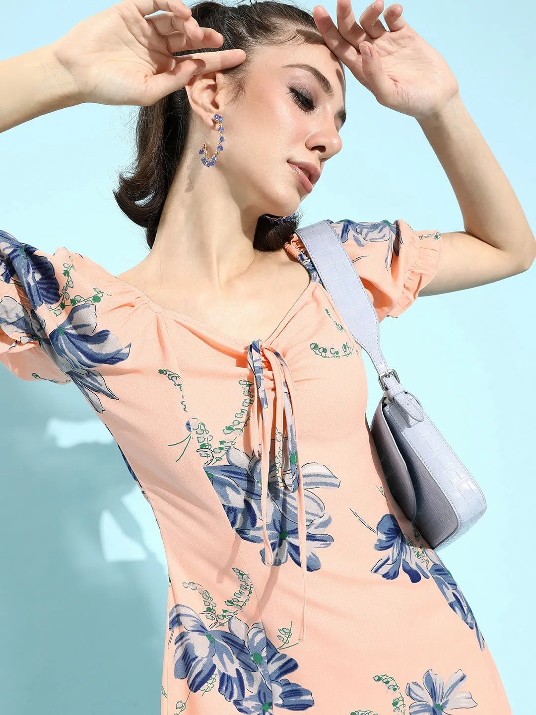 Berrylush Women Pink & Blue Floral Printed Tie-Up Neck Ruffled A-Line Mini Dress
