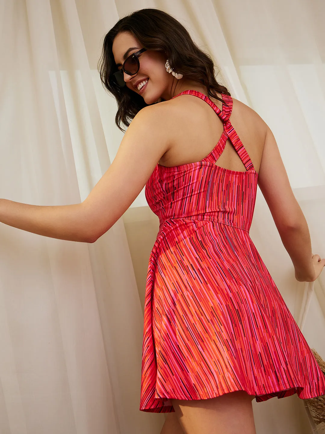 Berrylush Women Red Striped Print Round Neck Sleeveless Flared Mini Swimdress