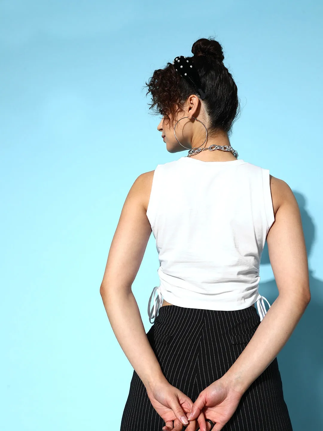 Berrylush Women Solid White Round Neck Sleeveless Tie-Up Cotton Knitted Crop Top