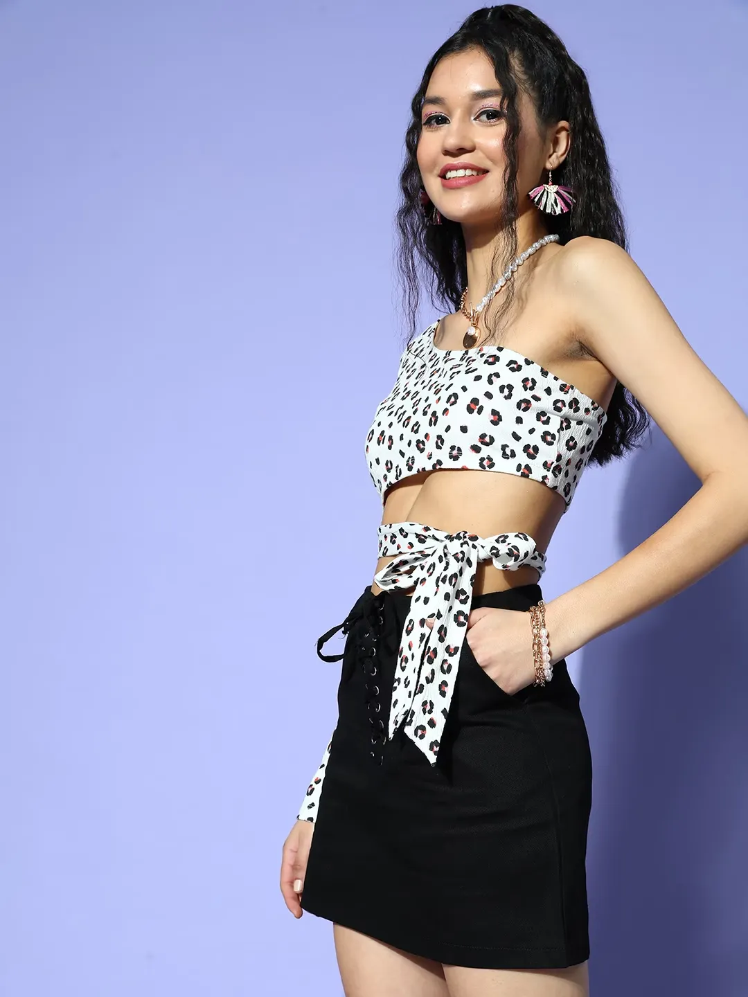 Berrylush Women White & Black Animal Printed One-Shoulder Neck Waist Tie-Up Cotton Cropped Top