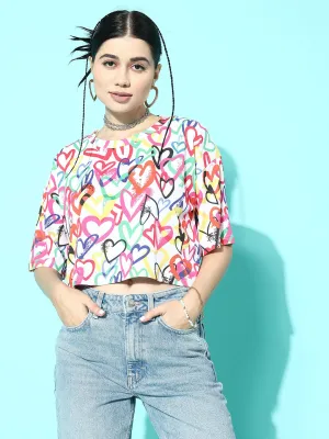Berrylush Women White & Multicolour Heart Printed Round Neck Drop-Shoulder Sleeves Knitted Crop T-Shirt