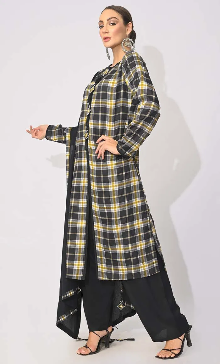 Bohemian Bliss: Printed 3Pc Black Salwar Kameez set With Dupatta and Tassels Detailing