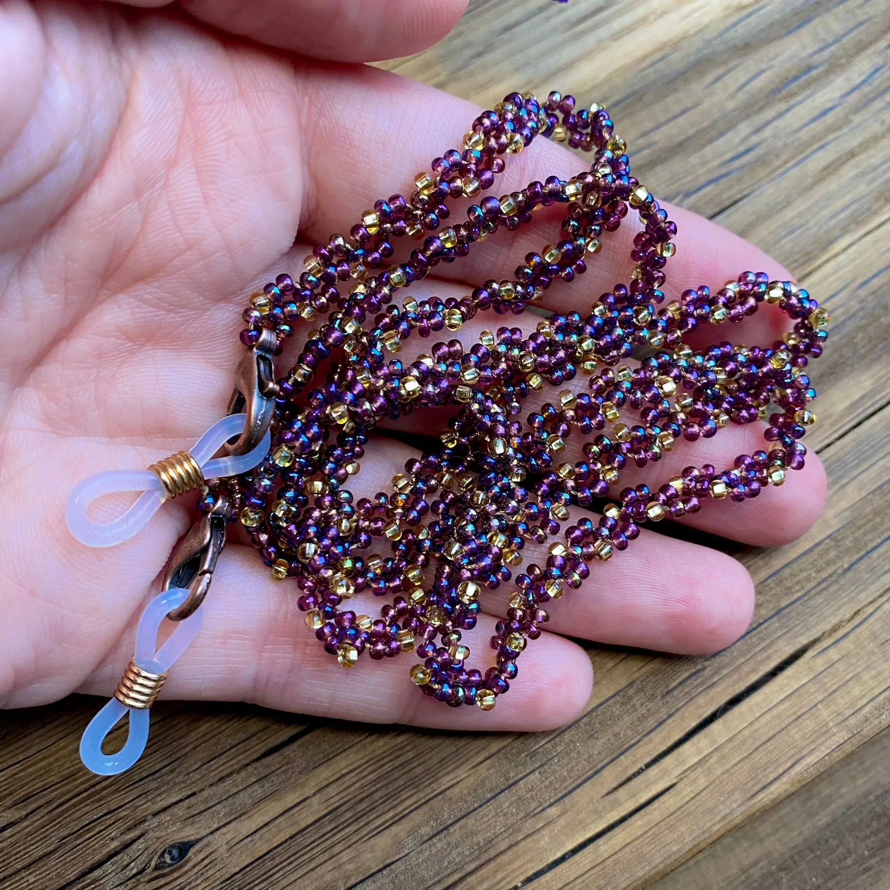 Handmade Dainty Boho Gold Purple SeedBeaded Glasses Chain