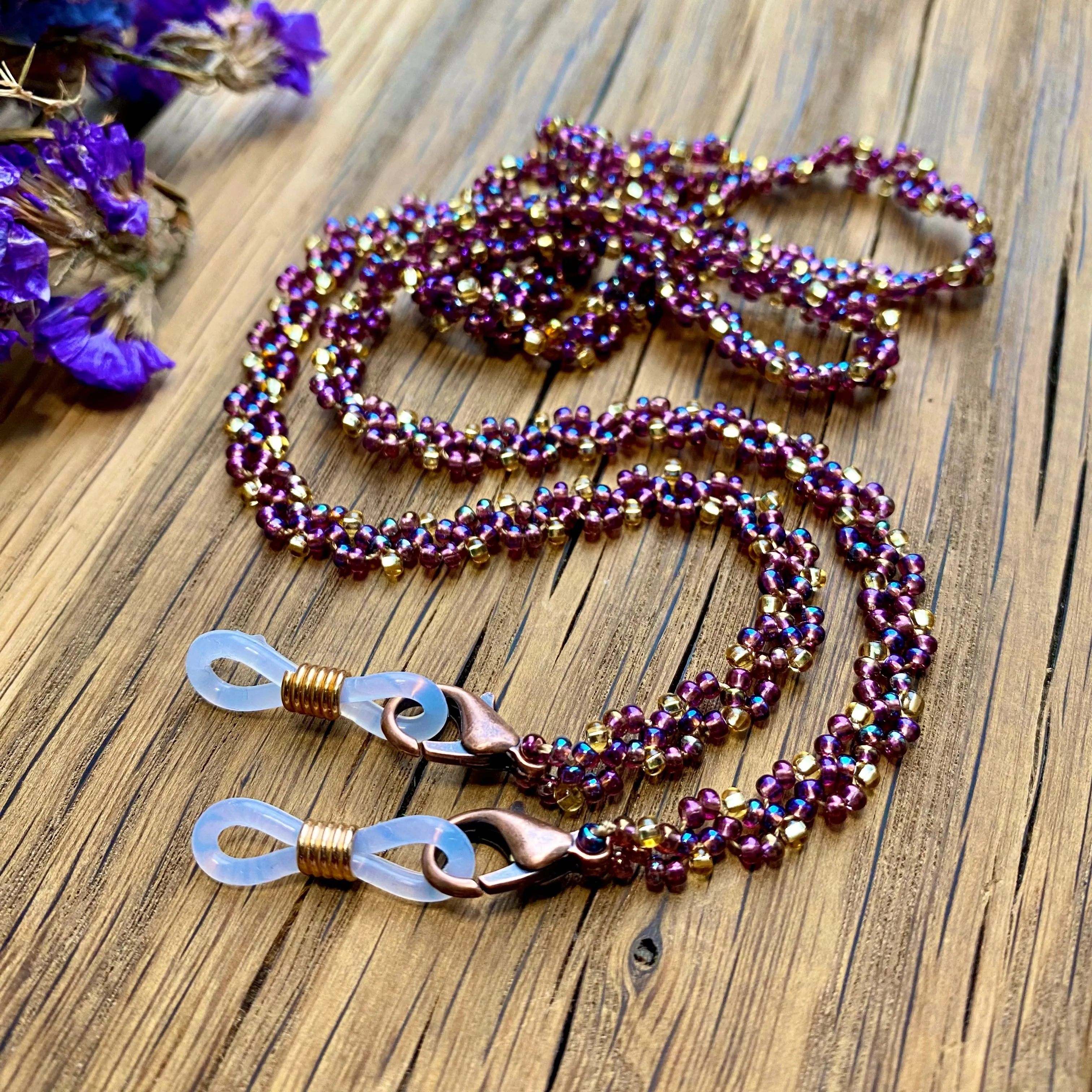 Handmade Dainty Boho Gold Purple SeedBeaded Glasses Chain