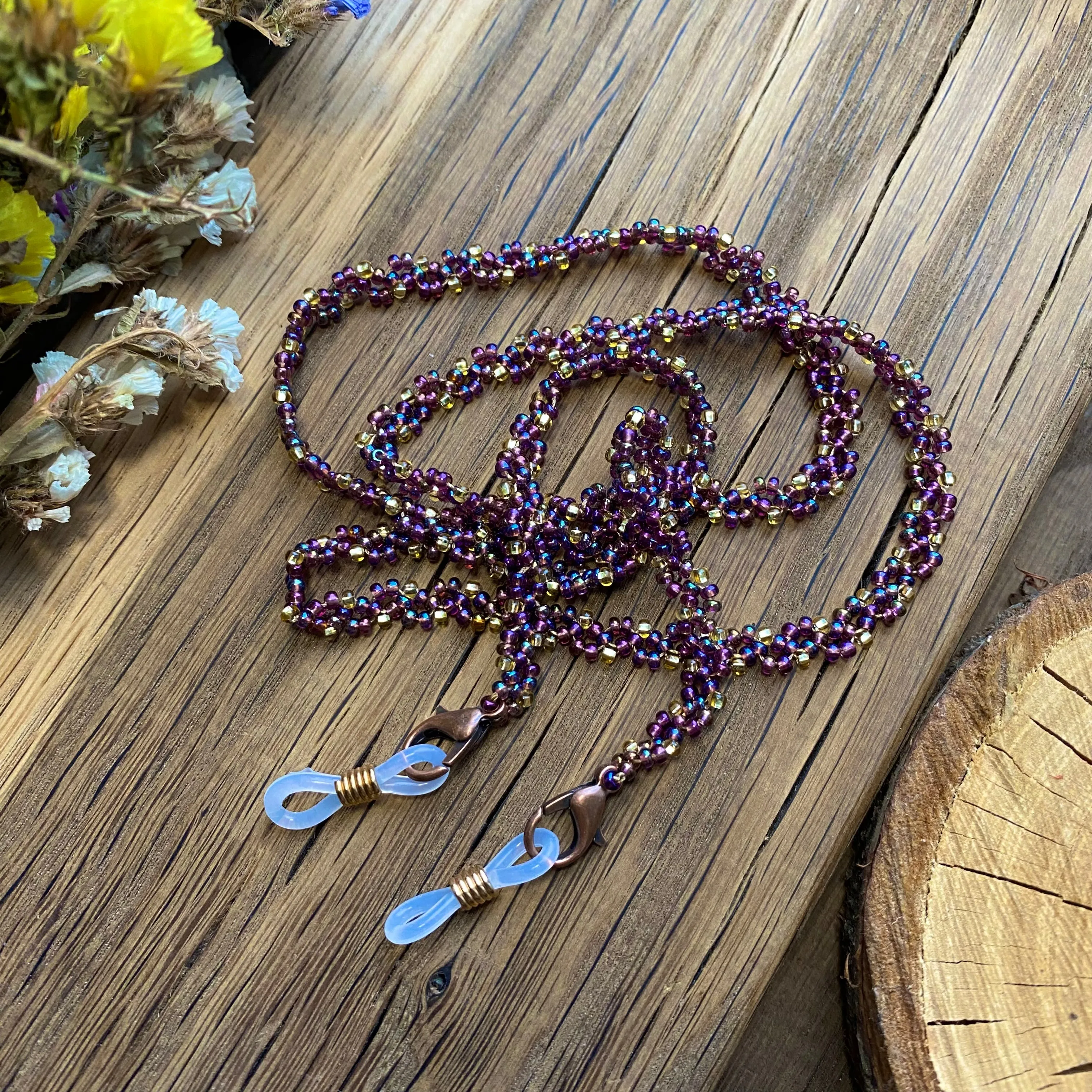 Handmade Dainty Boho Gold Purple SeedBeaded Glasses Chain