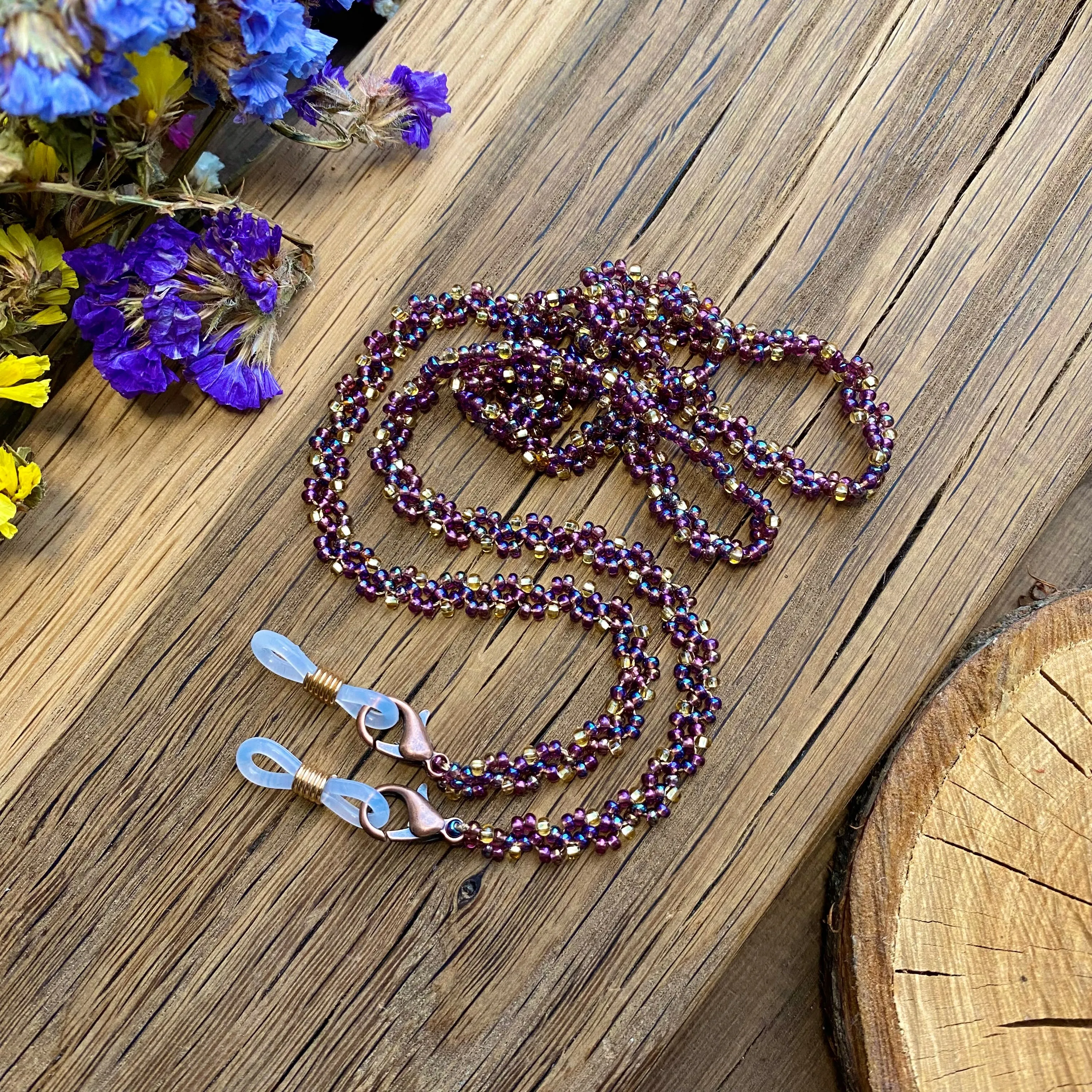 Handmade Dainty Boho Gold Purple SeedBeaded Glasses Chain