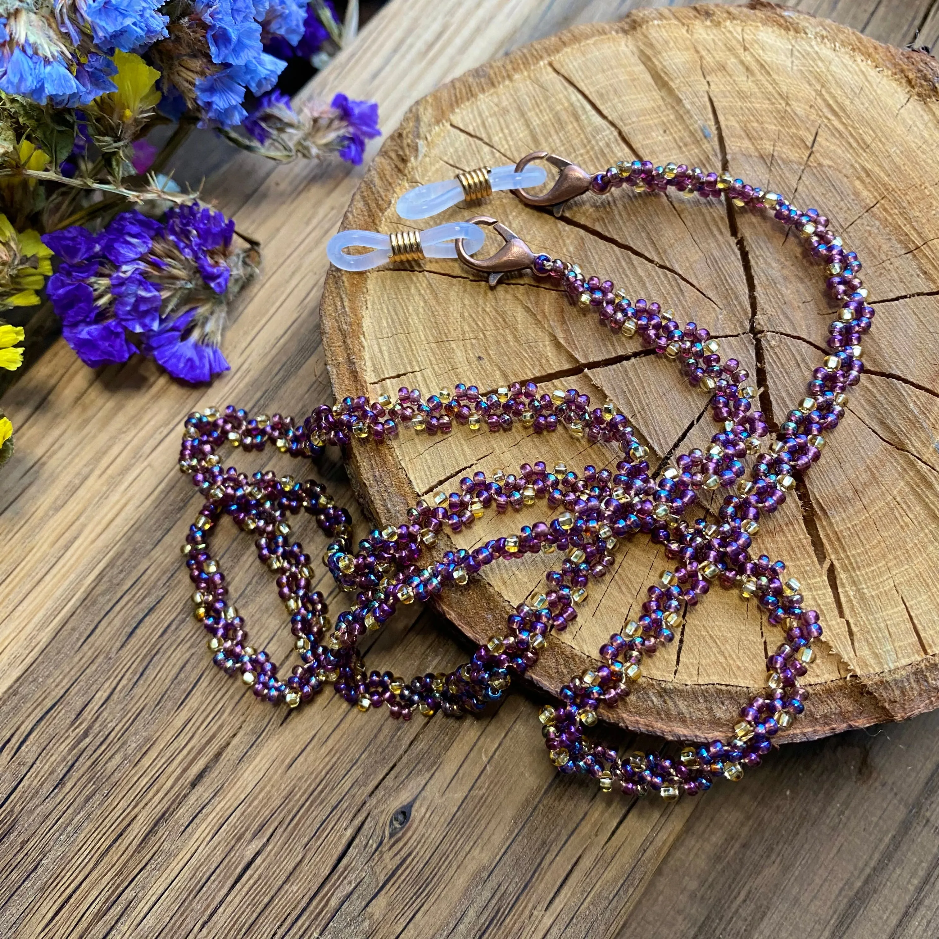Handmade Dainty Boho Gold Purple SeedBeaded Glasses Chain