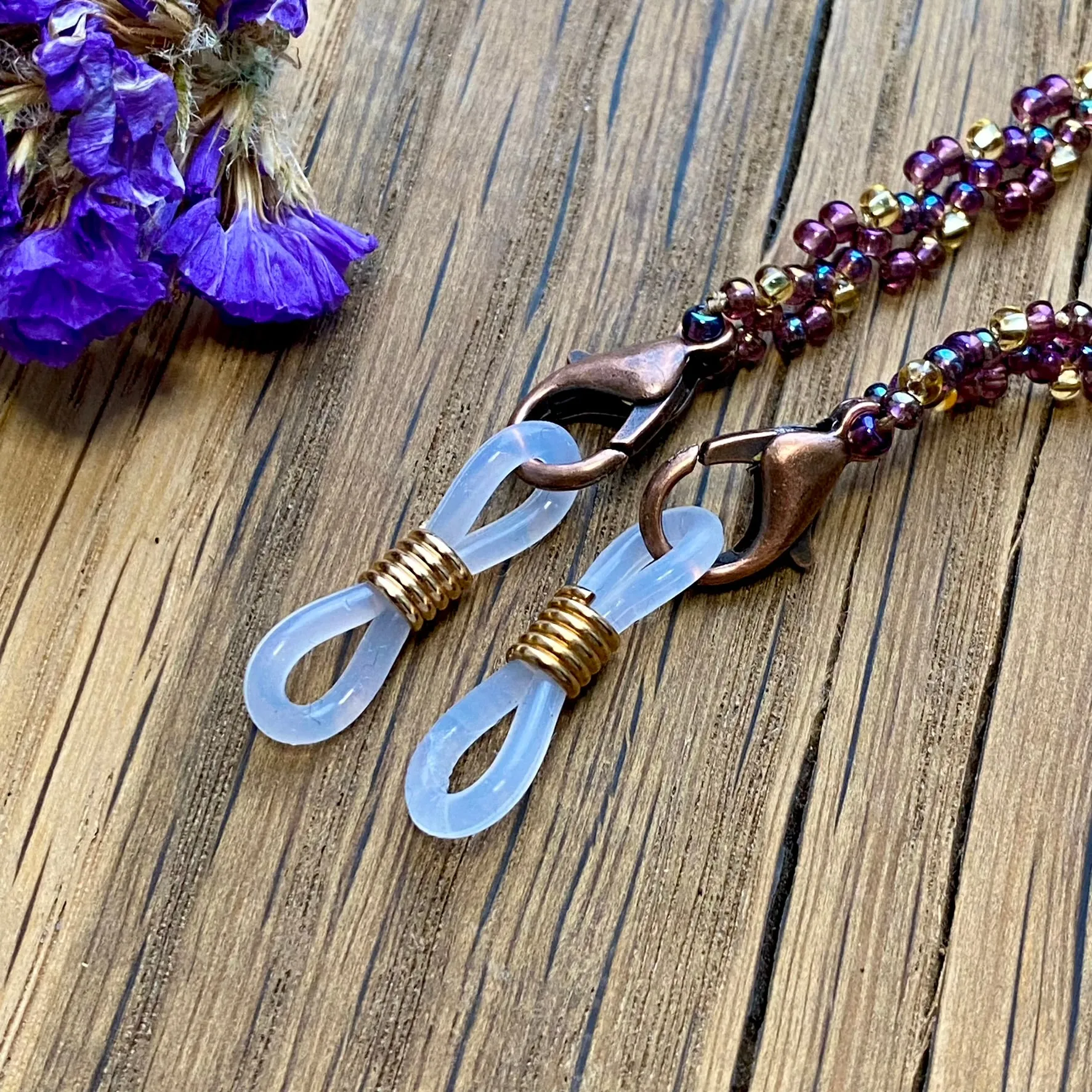 Handmade Dainty Boho Gold Purple SeedBeaded Glasses Chain