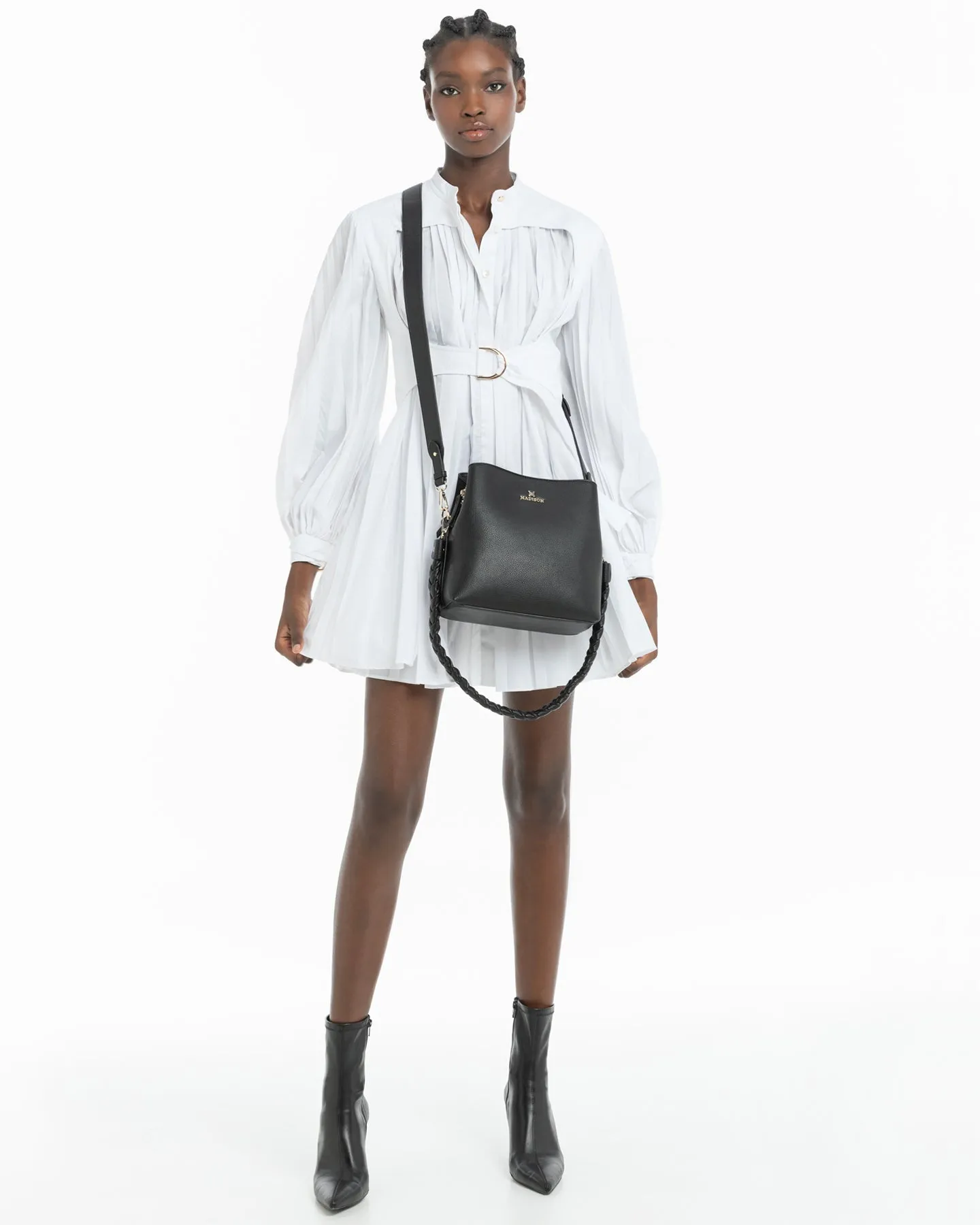 Joanie 3 Compartment Crossbody Bucket Bag   Plait Strap