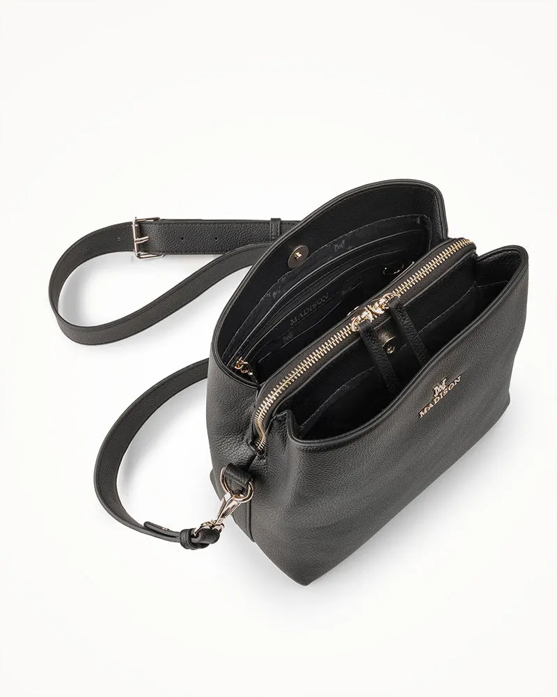 Joanie 3 Compartment Crossbody Bucket Bag   Plait Strap