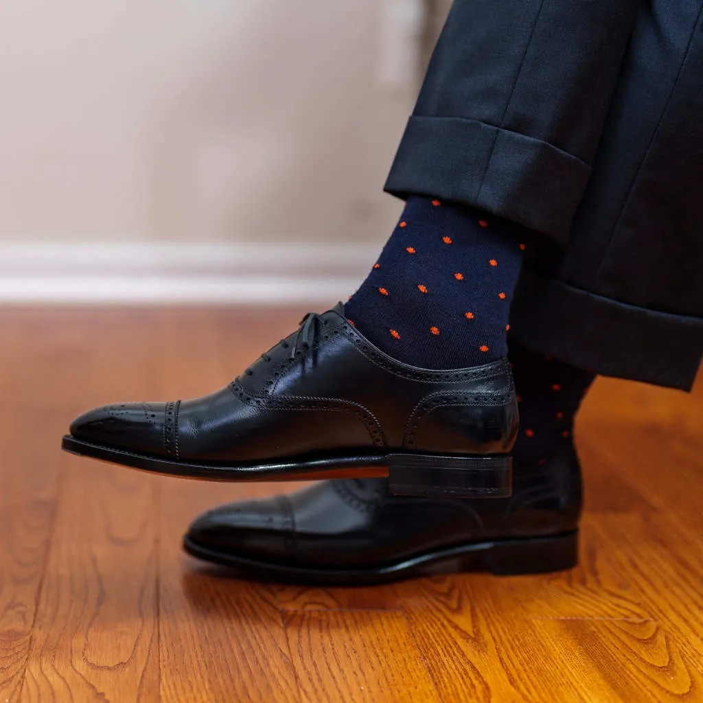 Orange Dots on Navy Merino Wool Over the Calf Dress Socks