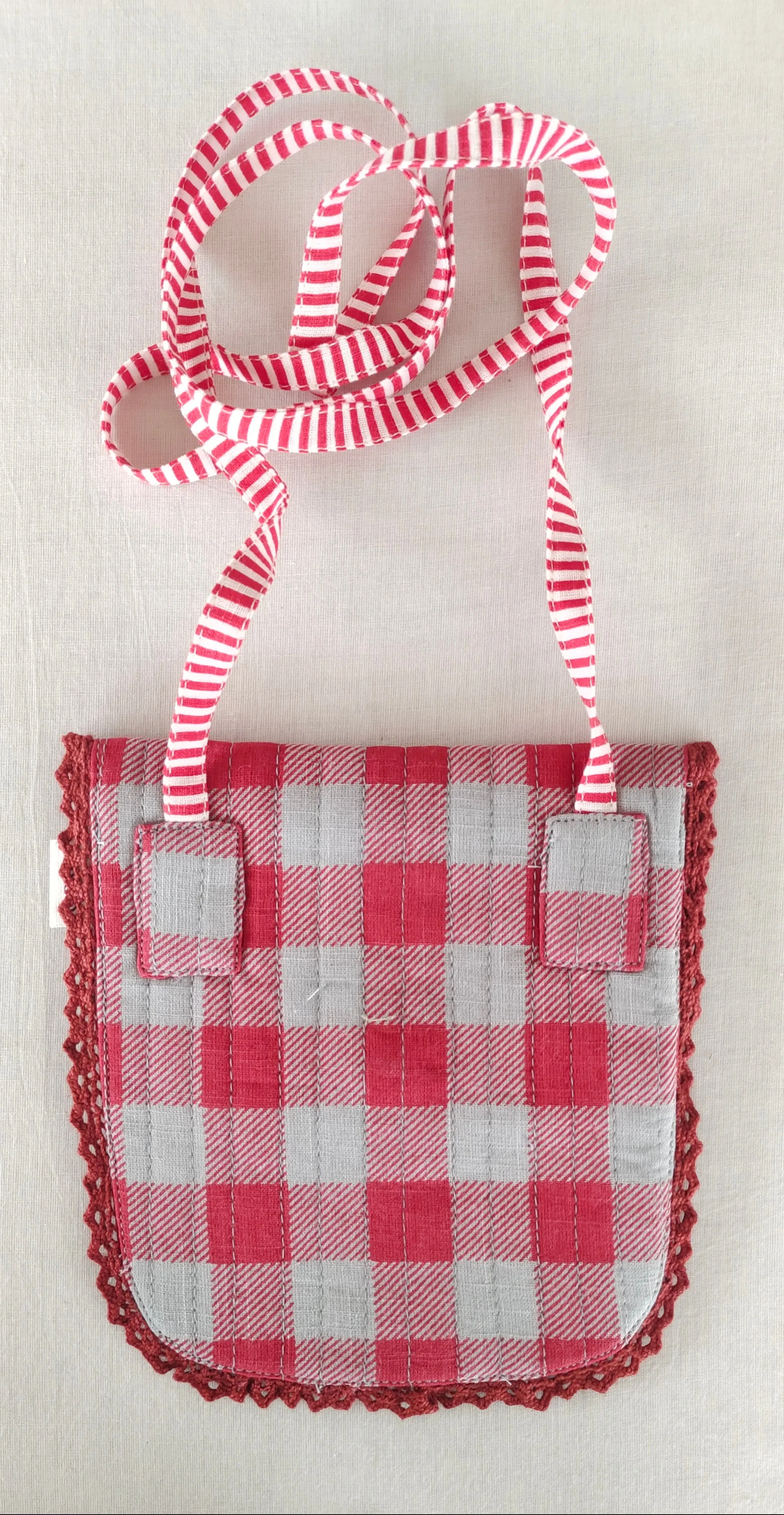 Red Checks & Stripe Kids' Small Tote Bag with Magnetic Closure and Lace Detailing