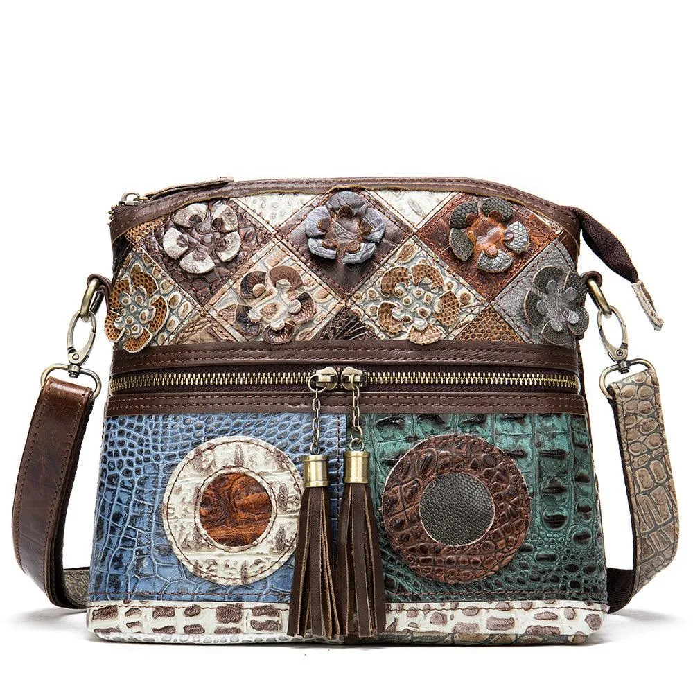 Retro Handbags Cowhide Stitching One-shoulder Messenger Bag Color Flowers Ladies Bag Casual Leather Bag