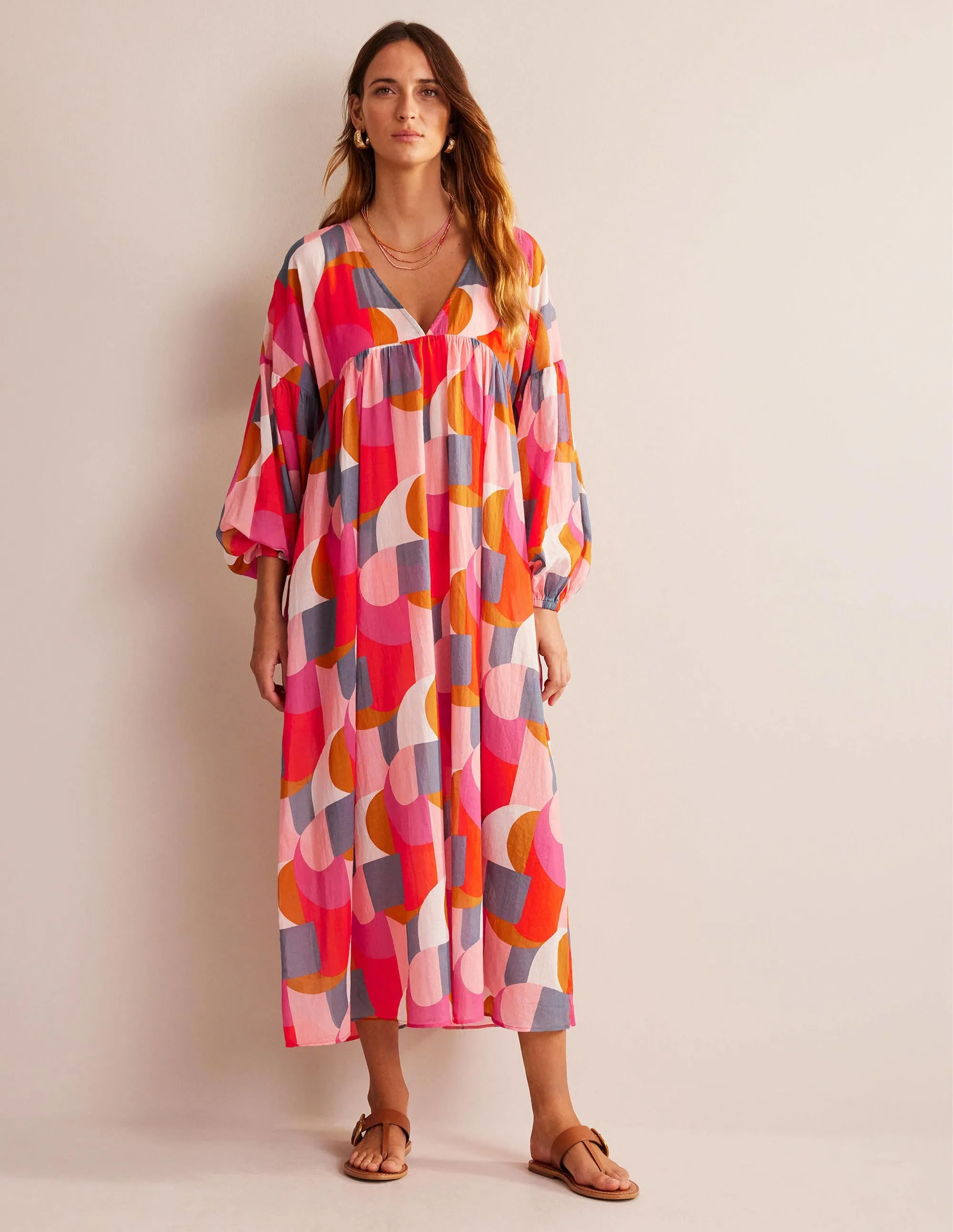 Sarah Maxi Kaftan Dress-Festival Pink, Geometric Swirl