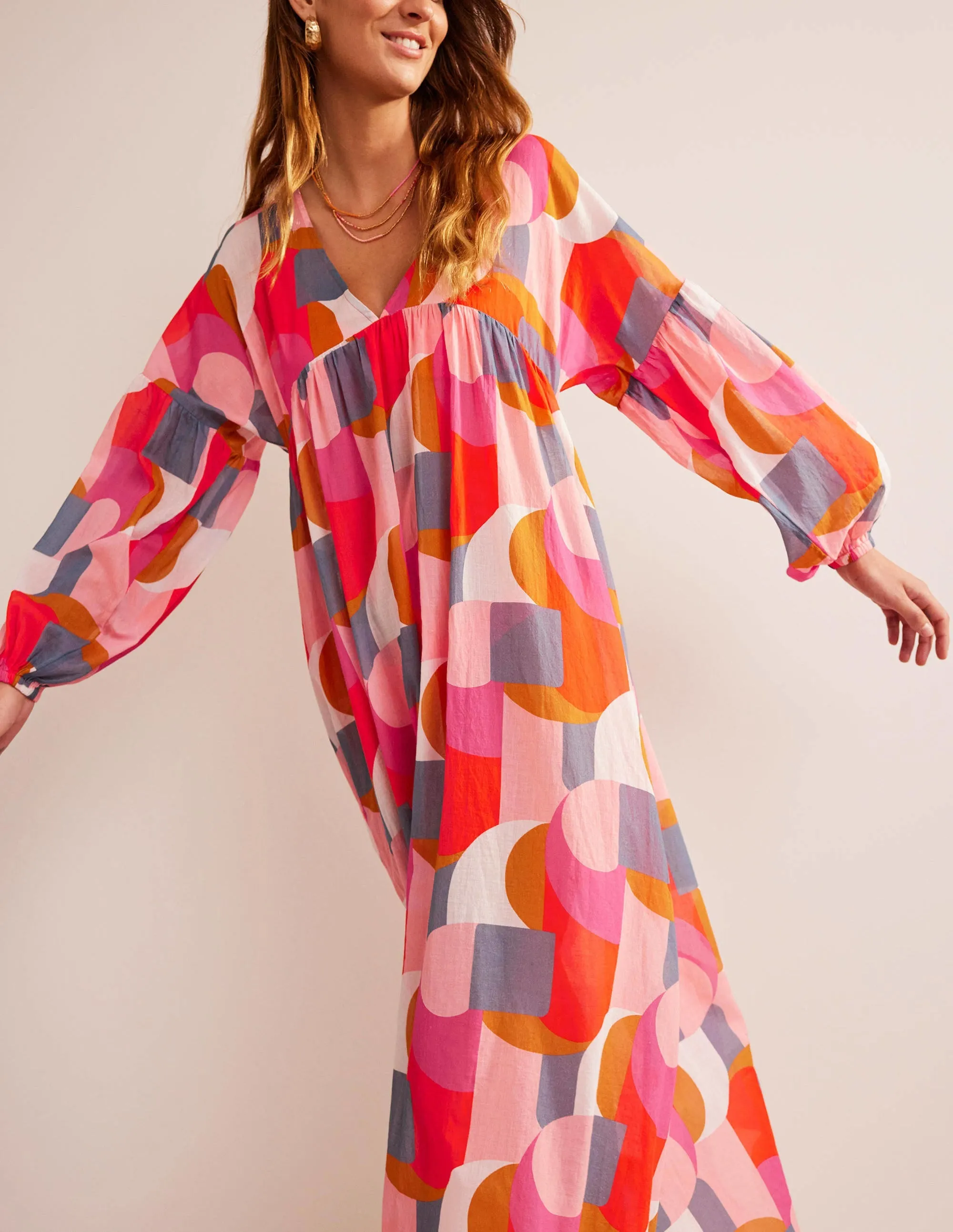 Sarah Maxi Kaftan Dress-Festival Pink, Geometric Swirl