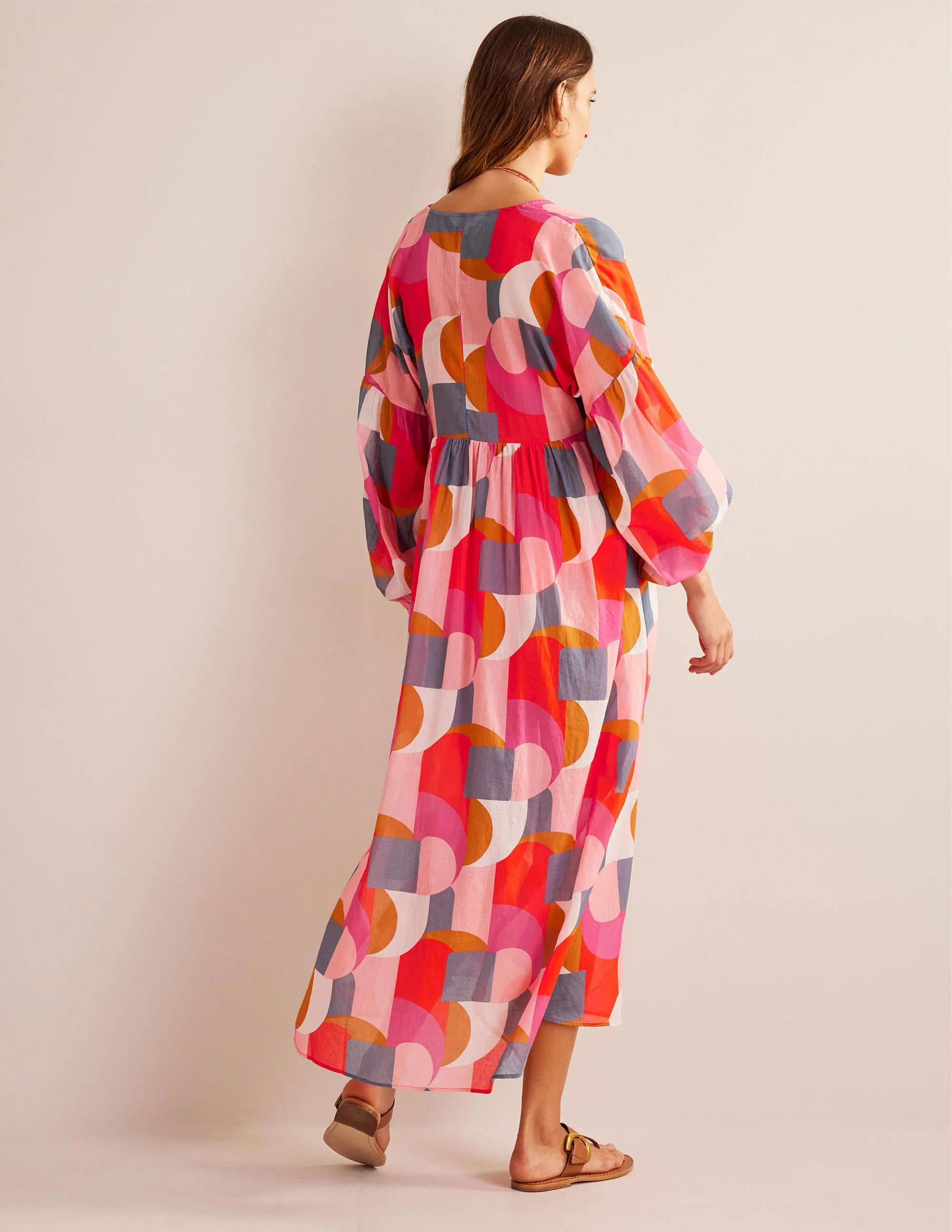 Sarah Maxi Kaftan Dress-Festival Pink, Geometric Swirl
