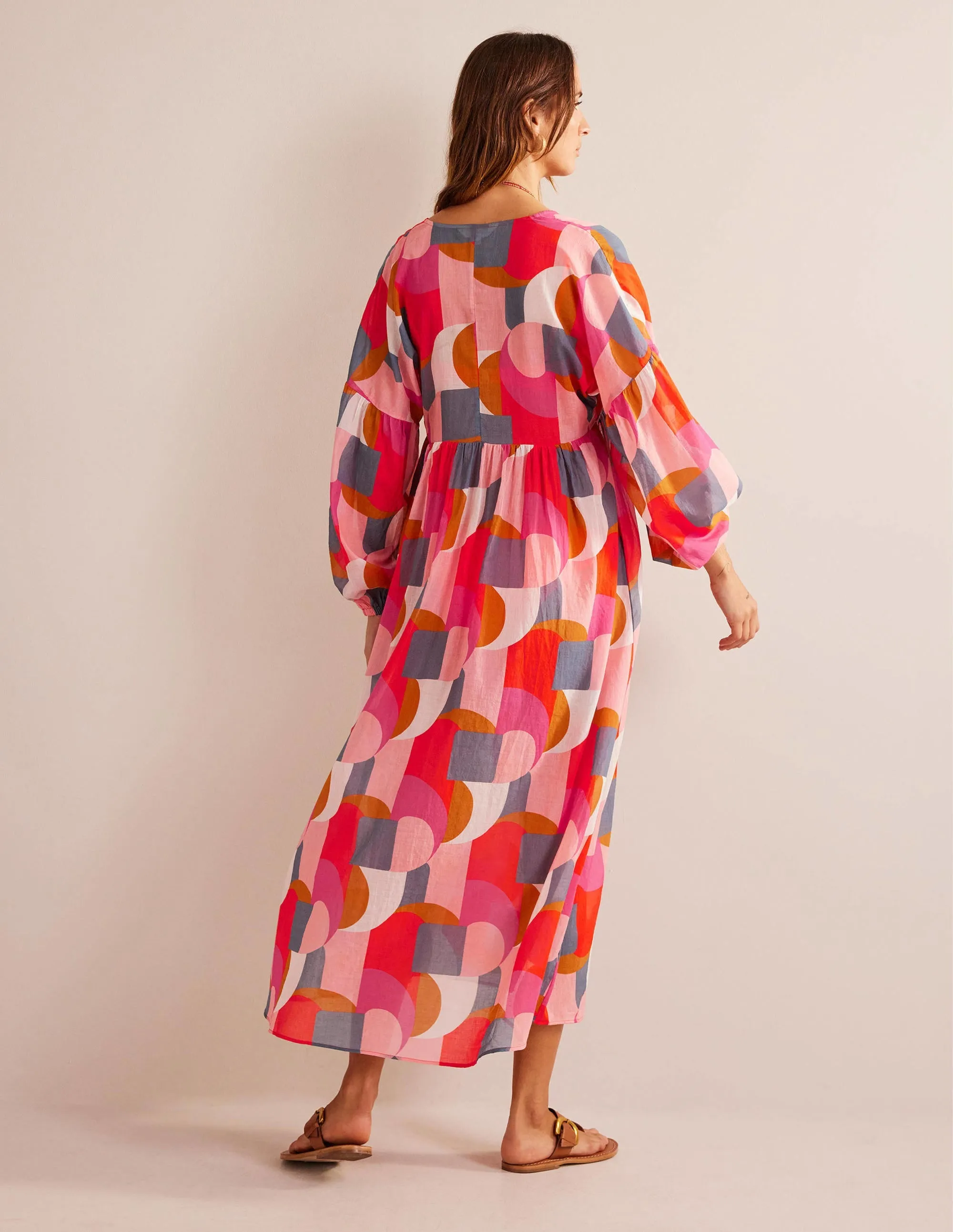Sarah Maxi Kaftan Dress-Festival Pink, Geometric Swirl