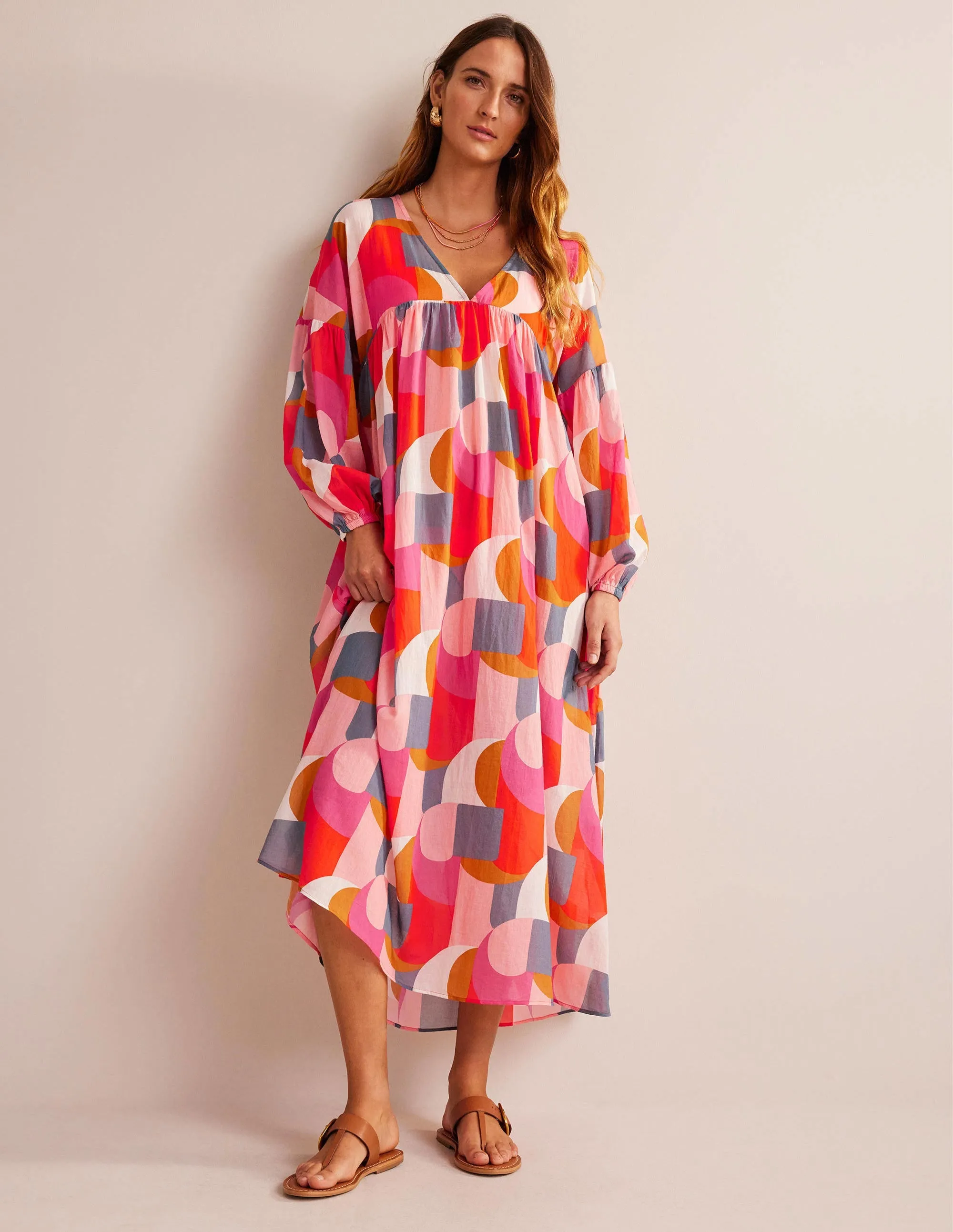 Sarah Maxi Kaftan Dress-Festival Pink, Geometric Swirl