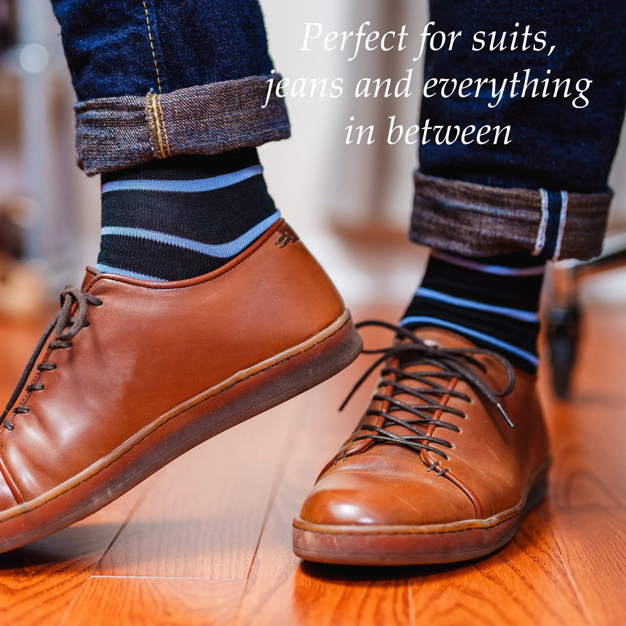 Sky Blue and Black Striped Merino Wool Mid Calf Dress Socks